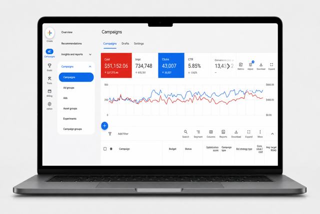 Google Ads campaign dashboard on a laptop